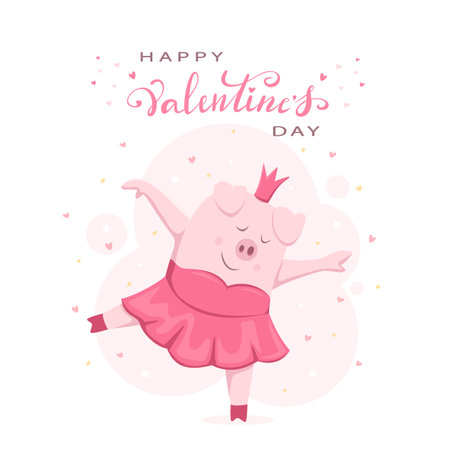 Dancing Piggy on white background with stars and hearts. Valentines day image. Happy piggy princess in a tutu. Cartoon illustration can be used for holiday card, children's clothing design and bannersのイラスト素材