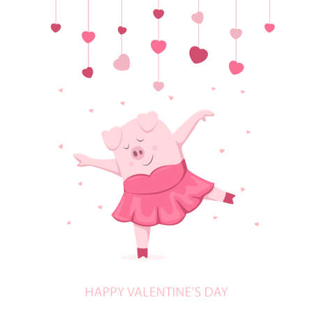 Cute dancing Piggy on white background with stars and hearts, Happy Valentines Day. Happy piggy in a tutu. Cartoon illustration can be used for holiday card, children's clothing design and bannersのイラスト素材