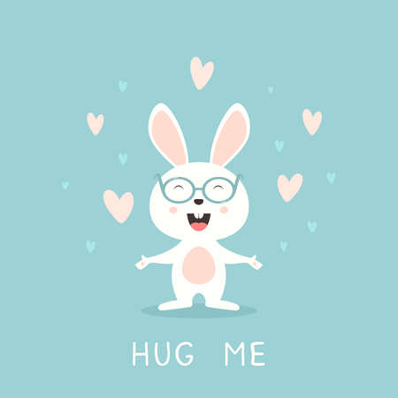Cute happy rabbit says hug me on blue background with hearts, Happy Valentines Day. Happy bunny with glasses. Cartoon illustration can be used for holiday card, children's clothing design and bannersのイラスト素材
