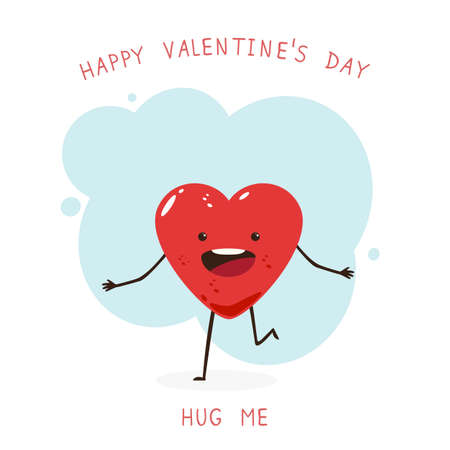 Cute happy valentines heart on blue background. Lettering Happy Valentine's Day and Hug me. Cartoon illustration can be used for holiday card, children's clothing design and bannersのイラスト素材