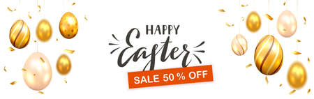 Black lettering Happy Easter and red banner Sale with hanging golden Easter eggs on white holiday background. Illustration with Easter decorations can be used for holiday design, cards, banners.のイラスト素材