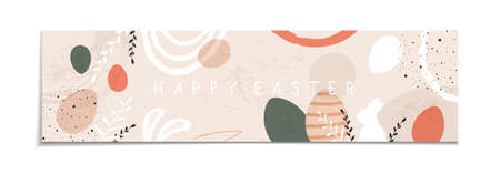 Easter banner with rabbit, ears, holiday eggs and plants. Lettering Happy Easter on abstract grunge background. Illustration with bunny can be used for holiday design, banners, greeting cards.のイラスト素材