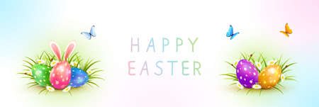 Set of butterflies, Easter eggs with rabbit ears in grass with flowers and lettering Happy Easter on white banner. Illustration with bunny can be used for holiday design, banners, greeting cards.のイラスト素材