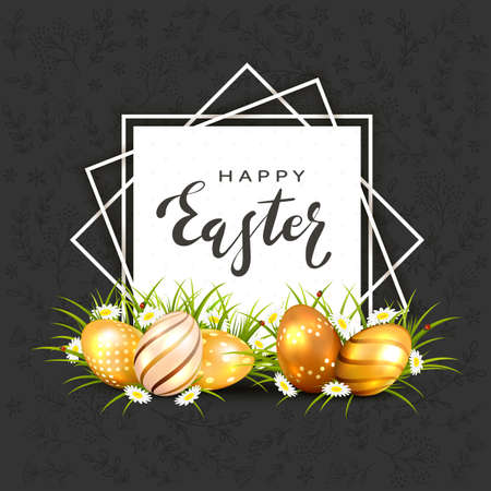 Black holiday background with floral elements. Golden Easter eggs in grass and white card with lettering Happy Easter. Illustration is for holiday design, banners, greeting cardsのイラスト素材