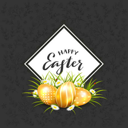 Black holiday background with floral elements. Three golden Easter eggs in grass with flowers and white card with lettering Happy Easter. Illustration is for holiday design, banners, greeting cardsのイラスト素材