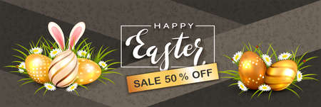 Black banner with floral pattern. Golden Easter eggs with rabbit ears in grass. Lettering Happy Easter and Sale. Illustration with bunny can be used for holiday design, banners, greeting cards.のイラスト素材