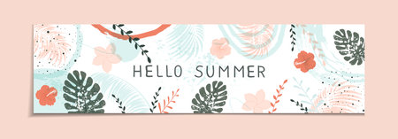 Lettering Hello Summer on abstract background. Banner with grunge colored leaves, flowers and plants. Illustration with grunge elements can be used for holiday design, banners, greeting cards.のイラスト素材