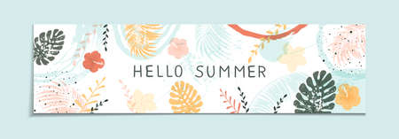 Lettering Hello Summer on abstract grunge background. Banner with colored leaves, flowers and plants. Illustration with grunge elements can be used for holiday design, banners, greeting cards.のイラスト素材