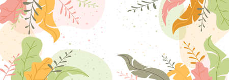 Abstract Summer or Spring banner with colored leaves, flowers and plants. Illustration with decorative elements can be used for holiday design, banners, greeting cards.のイラスト素材