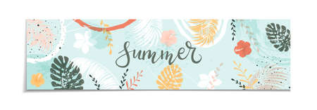 Lettering Summer on blue abstract background. Banner with colored grunge leaves, flowers and plants. Illustration with grunge elements can be used for holiday design, banners, greeting cards.のイラスト素材