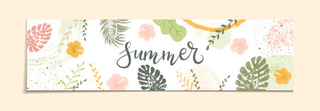 Lettering Summer on abstract yellow background. Banner with grunge colored leaves, flowers and plants. Illustration with grunge elements can be used for holiday design, banners, greeting cards.のイラスト素材