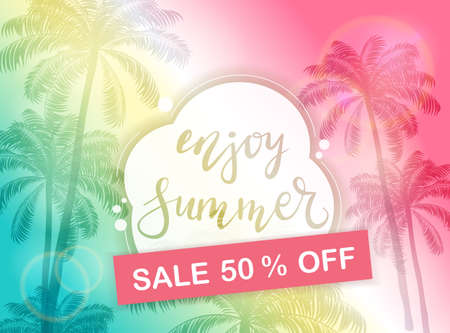 Banner with lettering Enjoy Summer and Sale on colorful background with palms. Rainbow illustration with palm leaves is for holiday design, banners, sale cards, beach party and advertising cardsのイラスト素材