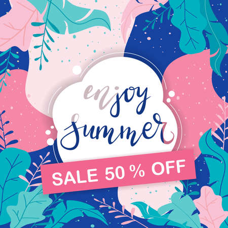Banner with lettering Enjoy Summer and Sale on pink - blue background with palm leaves. Illustration with plants is for holiday design, banners, sale cards, beach party and advertising cardsのイラスト素材