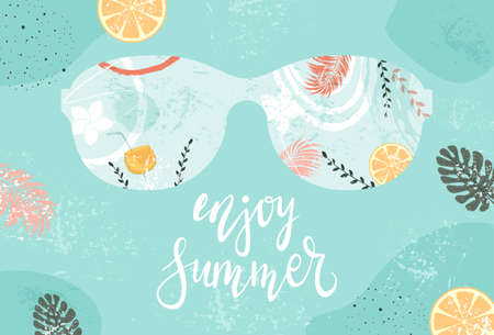 Enjoy Summer on abstract blue background with sunglasses. Summer or Spring banner with palm leaves and oranges. Illustration with grunge elements is for holiday design, banners, advertising cardsのイラスト素材