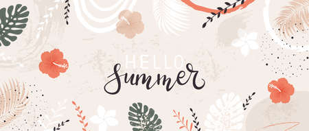 Lettering Hello Summer on abstract background. Summer or Spring banner with colored leaves, flowers and plants. Illustration with grunge elements is for holiday design, banners, greeting cardsのイラスト素材
