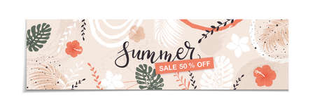 Lettering Summer Sale on abstract background. Summer or Spring banner with colored leaves, flowers and plants. Illustration with grunge elements is for holiday design, banners, advertising cardsのイラスト素材