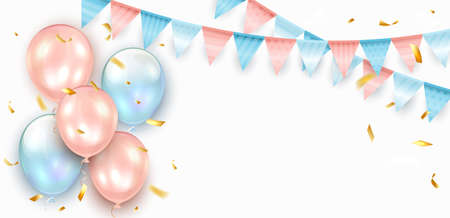 Pink and Blue Birthday balloons isolated on white background, holiday pennants and confetti. Illustration can be used for holiday design, poster, card, website, bannersのイラスト素材