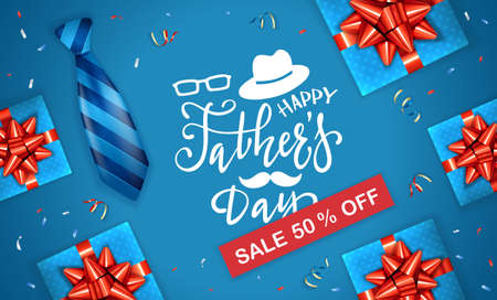 Happy Father's day greeting card with lettering Sale and Gift Boxes with Tie on blue background. The concept of best dad can be used for cards, posters, banners and clothing design, illustration.のイラスト素材