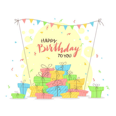 Holiday gift boxes with pennants, streamers, confetti and lettering Happy Birthday To You on white background. Illustration can be used for holiday design, posters, cards, banners and clothing designのイラスト素材