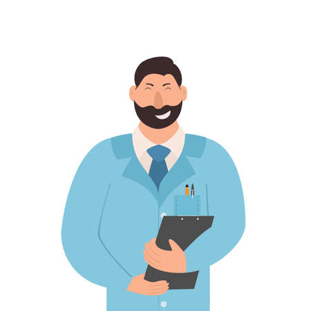 Man with folder of documents in blue clothes isolated on white background. Cute smiling doctor, surgeon or businessman. Cartoon illustration for medical theme.のイラスト素材