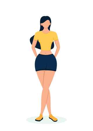 Happy girl in a blue shorts and a yellow t-shirt isolated on a white background. Illustration of a positive pretty girl in summer clothes in cartoon style.のイラスト素材