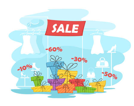 Inscription Sale in the store and gift boxes. Sale in the store for women. Concept of a background for girl sale. Vector illustration can be used for sales design, shops, banners.のイラスト素材