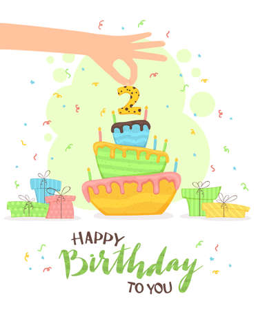 Hand with number two for Birthday cake and holiday gift boxes, streamers, confetti on green background. Happy birthday to you. Illustration is for holiday, posters, cards, banners, clothing designのイラスト素材