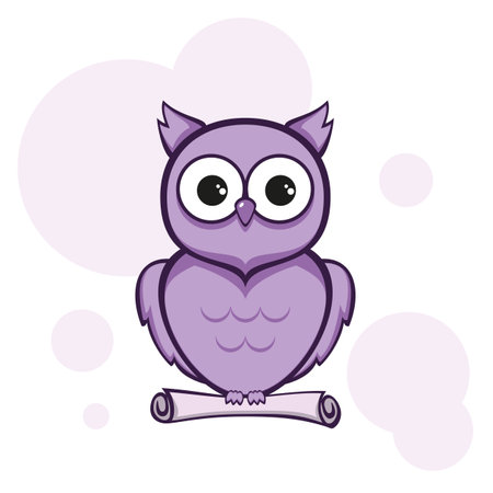 Cute little owl in purple colors with scroll on white background. Illustration can be used for children's clothing, school supplies design, banners, tattoo, holidaysのイラスト素材