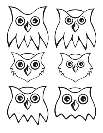 Set of black icons with owls head isolated on white background. Illustration can be used for tattoo, children's clothing, school supplies design, banners, logoのイラスト素材