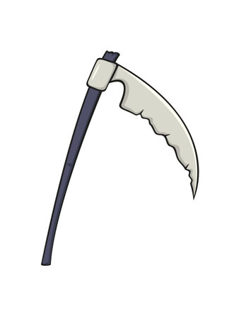 Cartoon scythe isolated on white background. Image of scythe icon for web design or Halloween decoration. Illustration is for holiday, posters, cards, banners, clothing designのイラスト素材