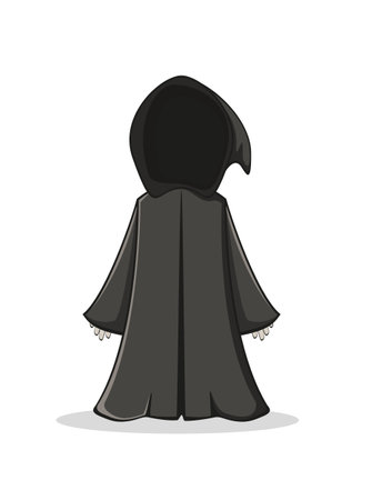 Cute little faceless ghost in a black cape with a hood. cartoon character isolated on a white background. Illustration can be used for children's clothing design, banners, tattoo.のイラスト素材
