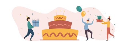 Happy birthday party and dancing people with big birthday cake. Group of young men and women having fun and celebrate birthday. Illustration is for holiday design, cards, invitation, banners, posterのイラスト素材