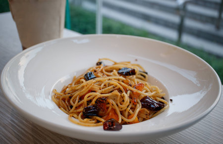 Spaghetti is made from wheat flour. And a little larger than the noodles.の写真素材