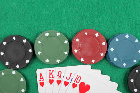 Casino chips winning royal flush combination, top view, Copy space.