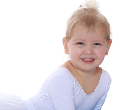 beautiful blonde little girl, close-up-Isolated on white backgroundの写真素材