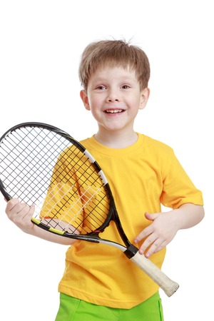 Little boy holding a tennis racket, close-up-Isolated on white backgroundの写真素材