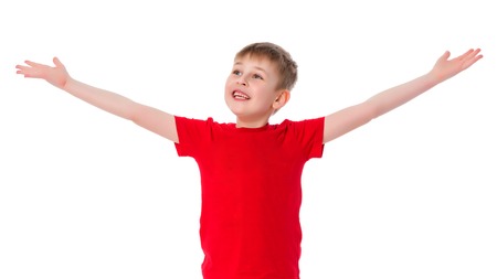 The little boy is emotionally waving his arms.の写真素材