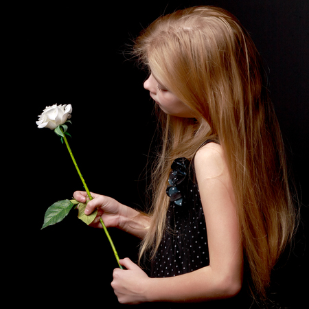 Little girl with a white flower on a black background.の写真素材