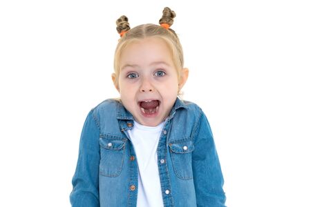 The little girl screams.Isolated on white background.