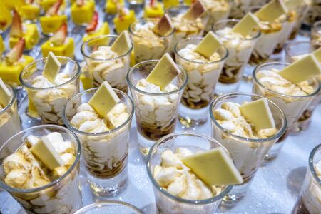 Various buffet cakes in a restaurant for dinner. Food concept.