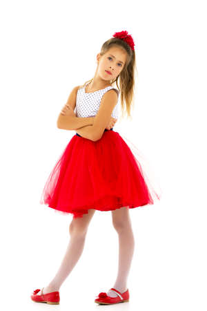 Sad little girl.Isolated over white backgroundの写真素材