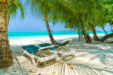 Lounge chairs on a beautiful tropical beach at Maldivesの写真素材