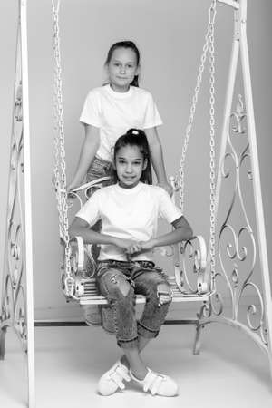 Two cute little girls near the swing. The concept of tenderness and beauty.の写真素材