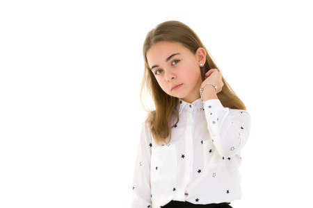 Portrait of a little girl close-up.Isolated on white background.の写真素材