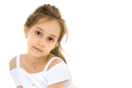 Little girl in a pure white T-shirt for advertising