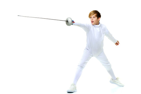 Fencer boy practicing effective techniqueの写真素材