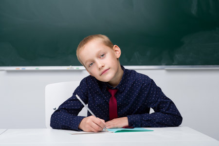 Schoolboy writes in a notebook sitting at a deskの写真素材