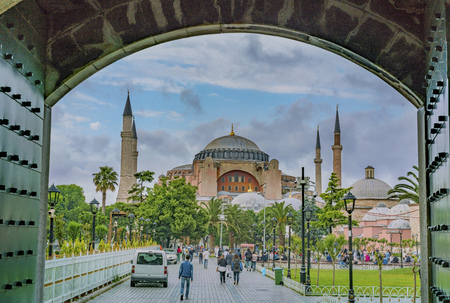 Tourists visit the Hagia Sophia in summer, Turkey. Hagia Sophia is one of the best-known sights of Istanbul.の写真素材