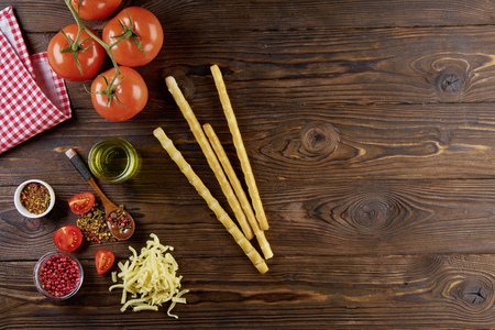Ingredients for cooking on wooden table, top viewの写真素材