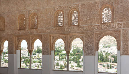 Intricate window details inside the Alhambra palace in Granadaのeditorial素材